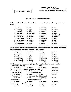 Đề thi chọn học sinh giỏi vòng trường môn Tiếng Anh Lớp 8 - Năm học 2010-2011 (Có đáp án)